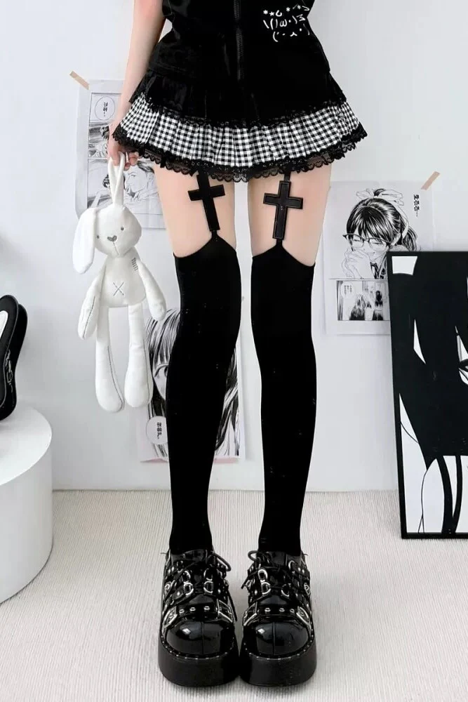 Gothic Cross Black & White Garter Over the Knee Stockings - Image 5