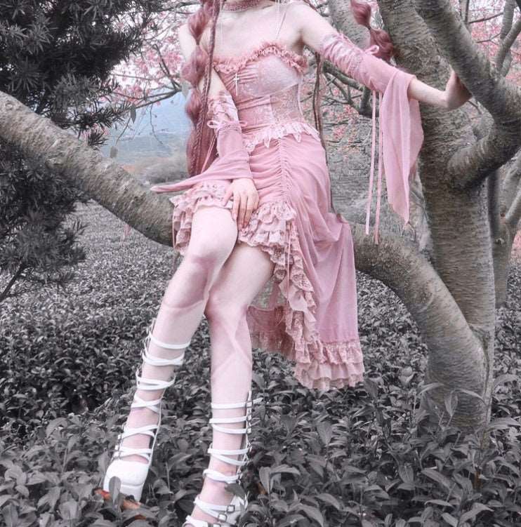Blood Supply Guardian of Sakura Tress Gothic Lace Velvet Pink Suspender Dress - Image 4