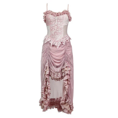 Blood Supply Guardian of Sakura Tress Gothic Lace Velvet Pink Suspender Dress - Image 9