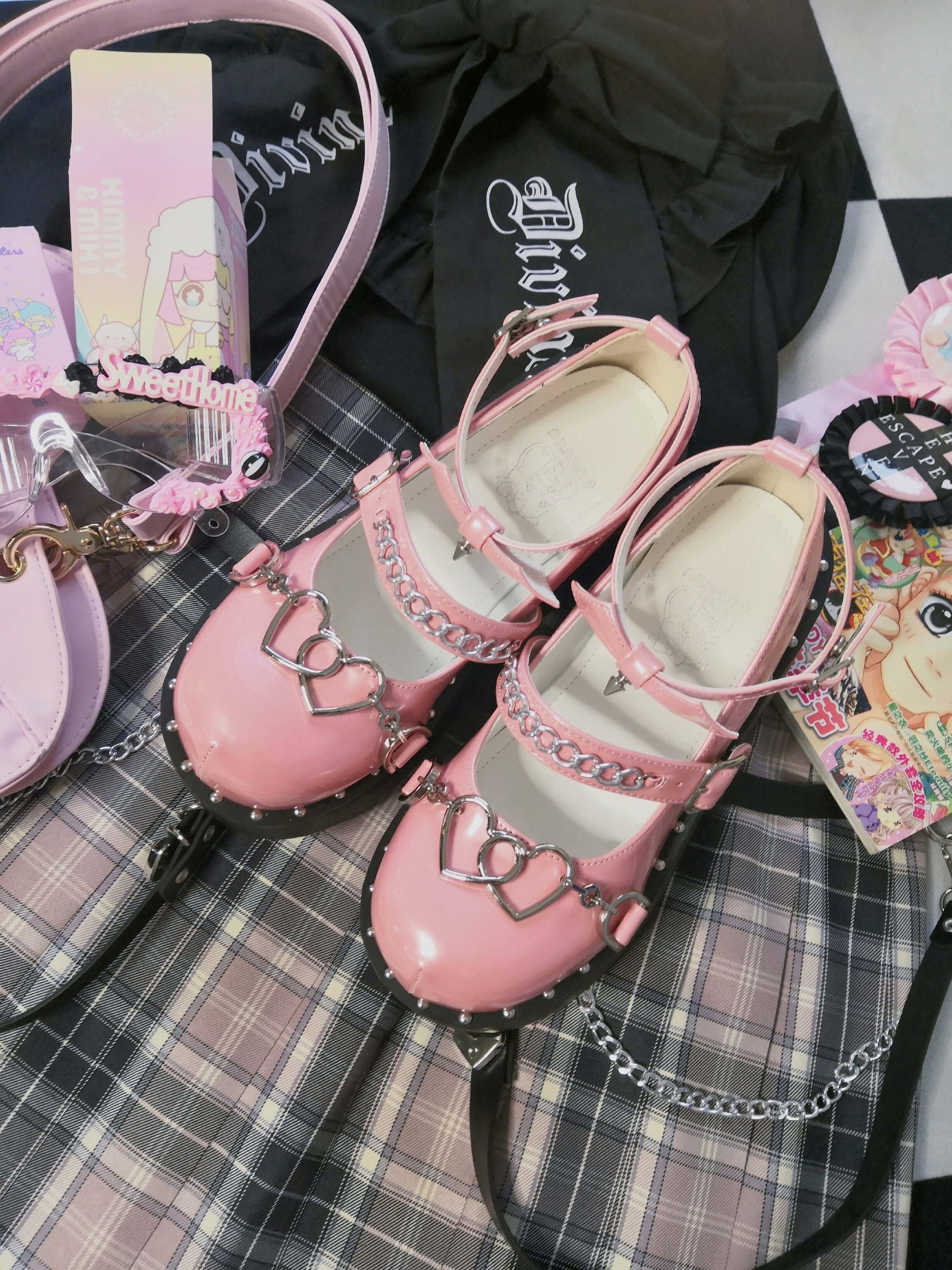 Gururu Punk Rock Girl Silver Heart Chains Pink Purple Black Wedges Shoes - Image 10