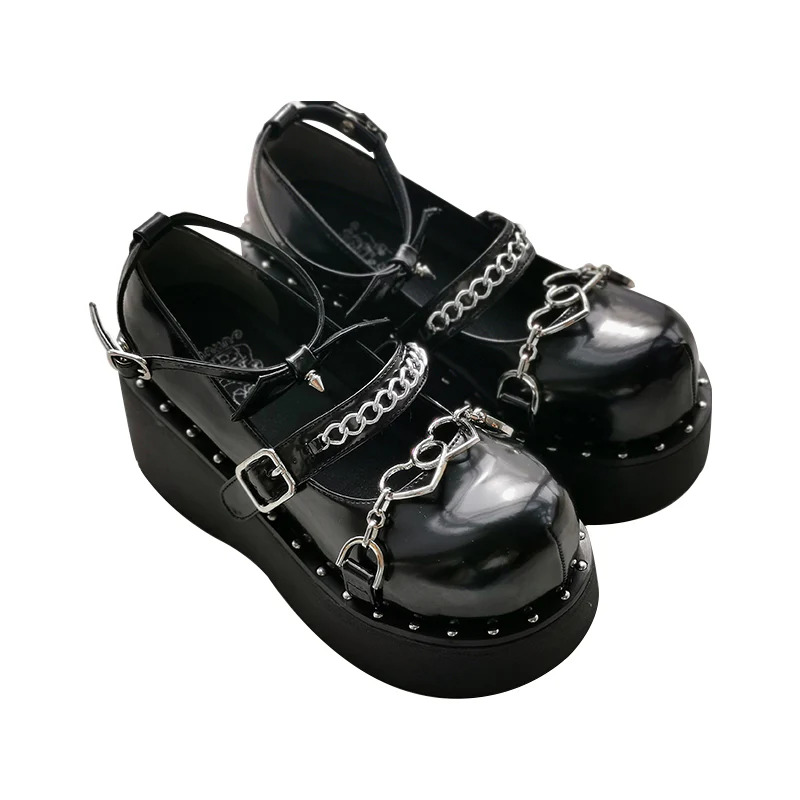 Gururu Punk Rock Girl Silver Heart Chains Pink Purple Black Wedges Shoes - Image 6