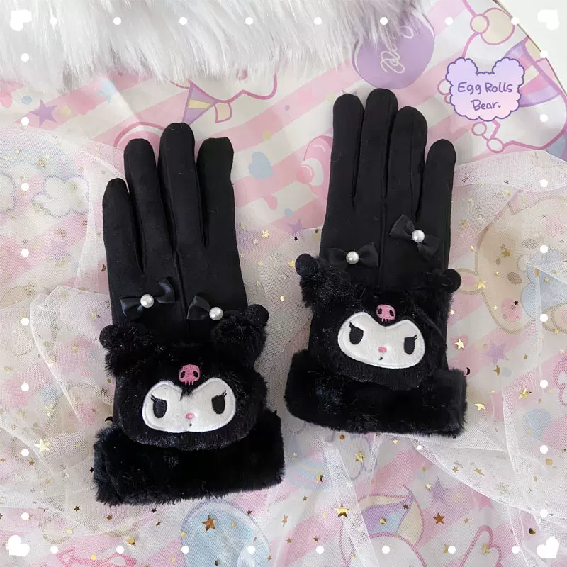 Handmade Purple Devil Melody Cinnamon Dog Pompom Winter Suede Gloves - Image 2