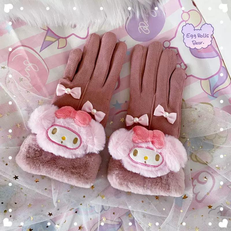 Handmade Purple Devil Melody Cinnamon Dog Pompom Winter Suede Gloves - Image 3