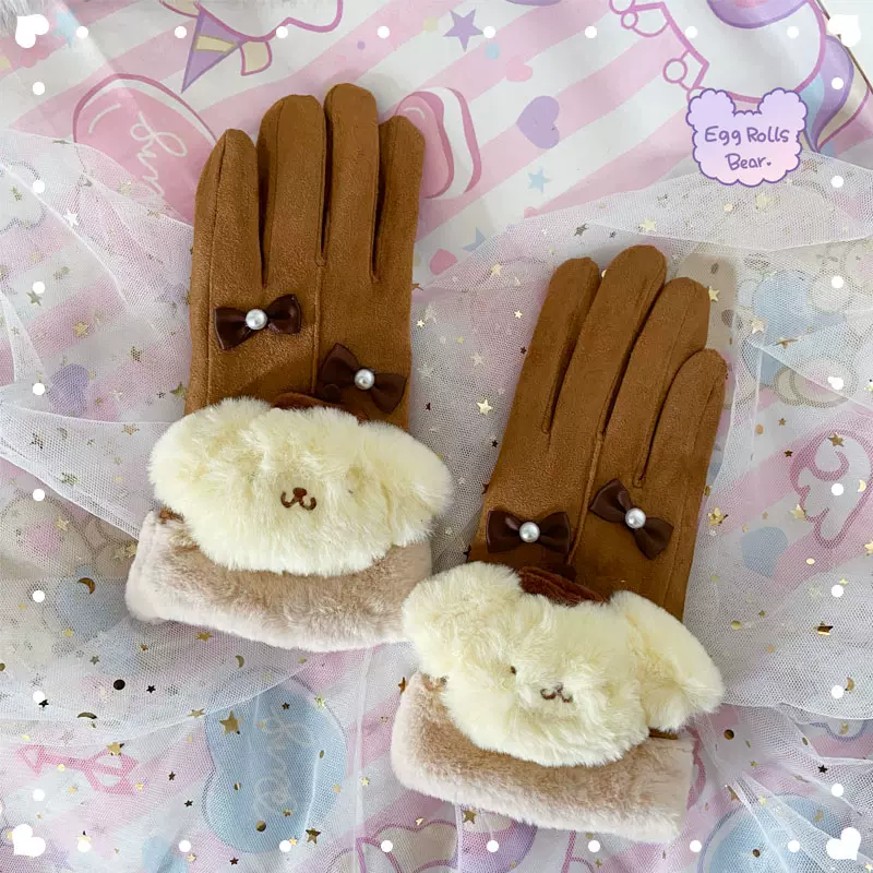 Handmade Purple Devil Melody Cinnamon Dog Pompom Winter Suede Gloves - Image 5