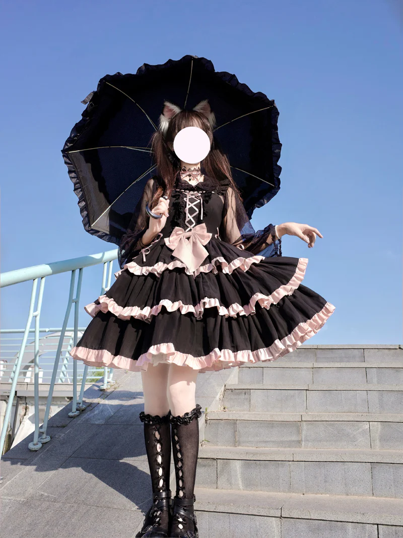 Harajuku Sweet Girl Ruffled Collar Neko Cat Ears Bow Black Pink Layered Dress - Image 4