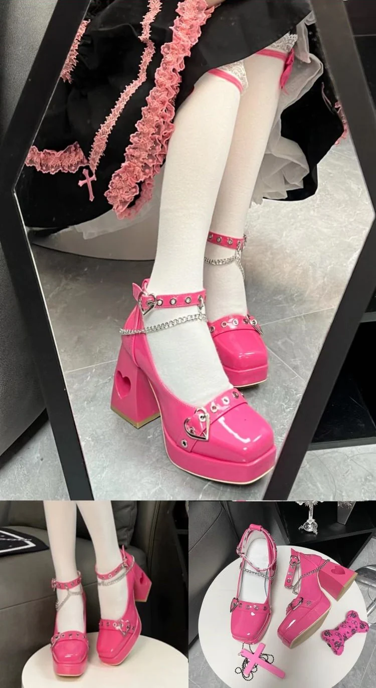 Yishicha Heart EGL Chain Shackles Square Toe High Heels Platform Shoes - Image 4
