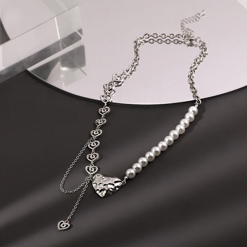 Sweet Gem Silver Chain Pearl Stitching Cross Necklace - Image 3