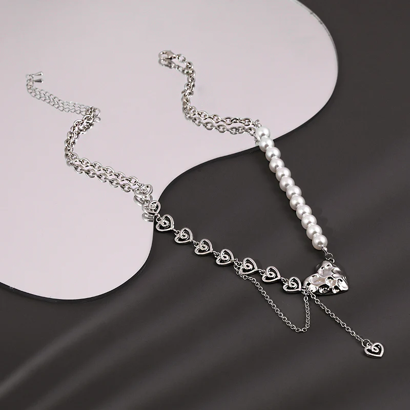 Sweet Gem Silver Chain Pearl Stitching Cross Necklace - Image 4