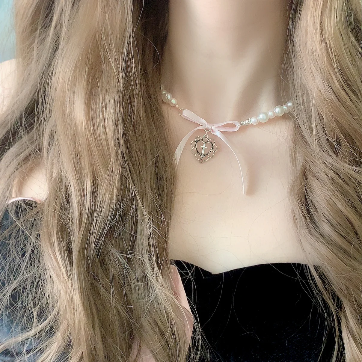 Holy Cross Pink Bow Pearl Beads Coquette Necklace Pendant - Image 2