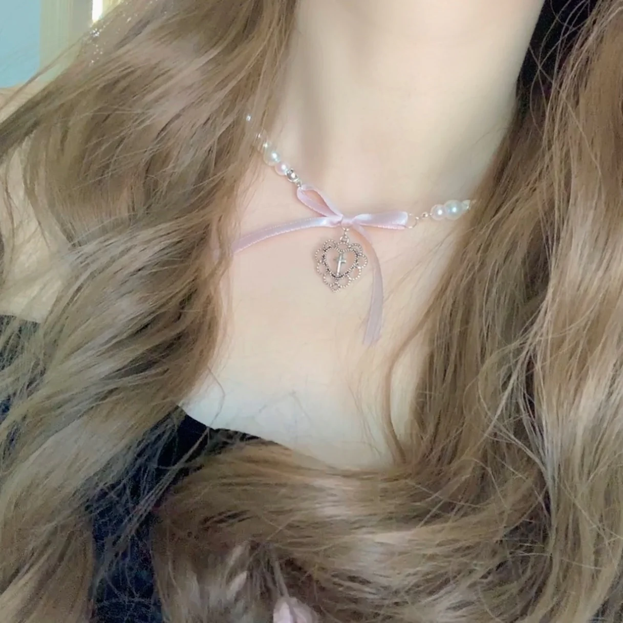 Holy Cross Pink Bow Pearl Beads Coquette Necklace Pendant - Image 3