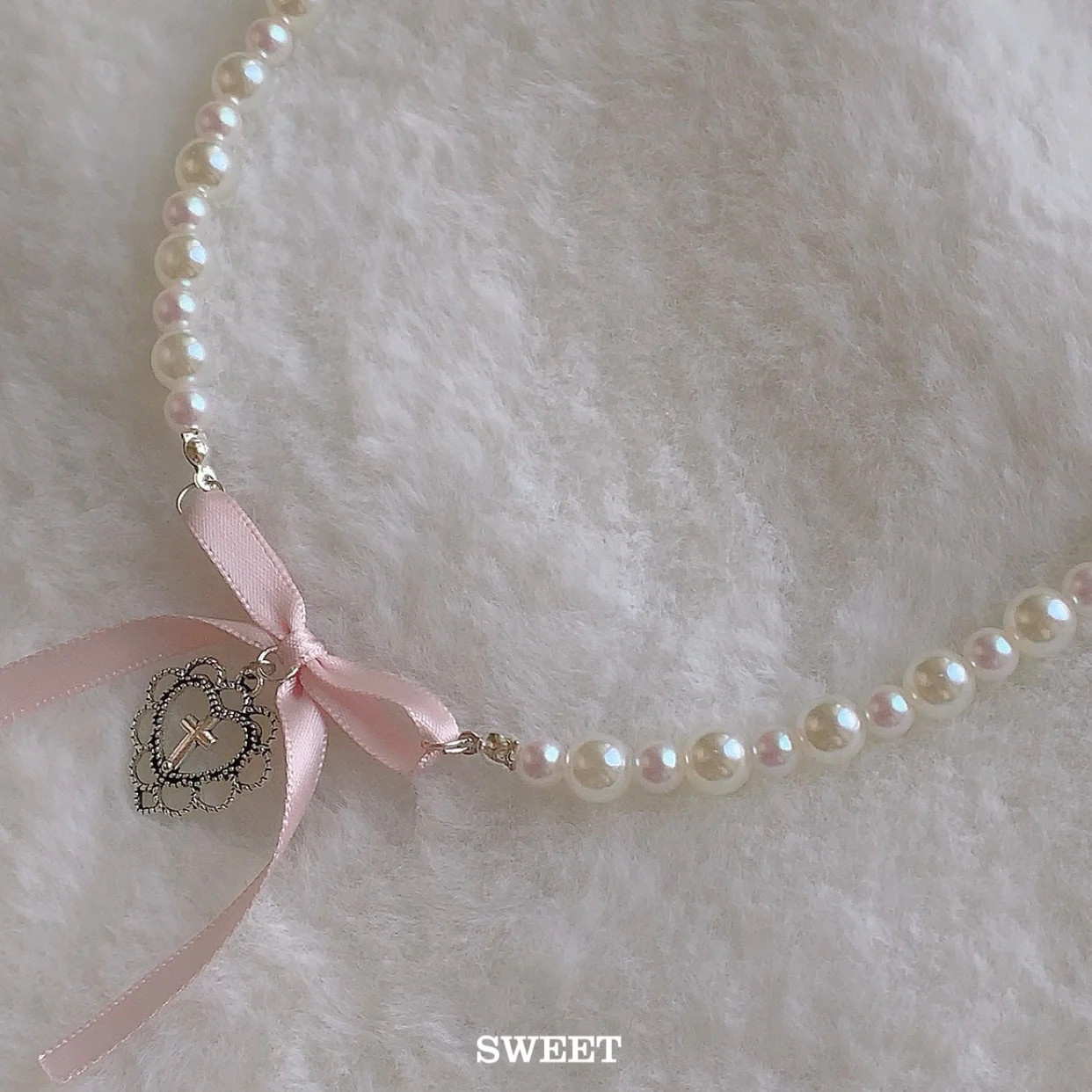Holy Cross Pink Bow Pearl Beads Coquette Necklace Pendant - Image 4