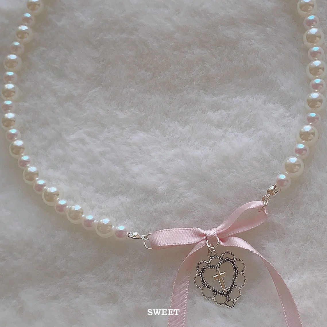 Holy Cross Pink Bow Pearl Beads Coquette Necklace Pendant - Image 5