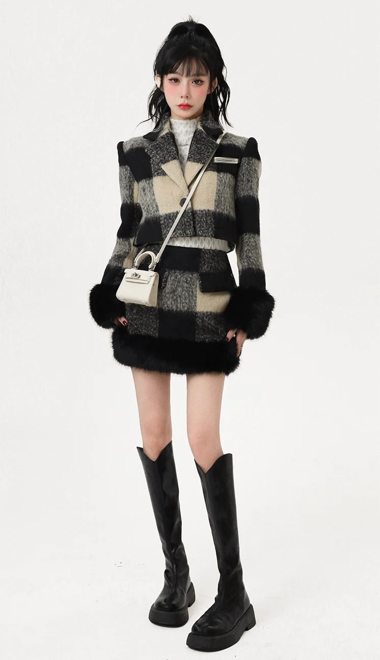 Monet Winter Hot Pink & Black Beige Plaid Jacket Skirt Two Piece Set - Image 3