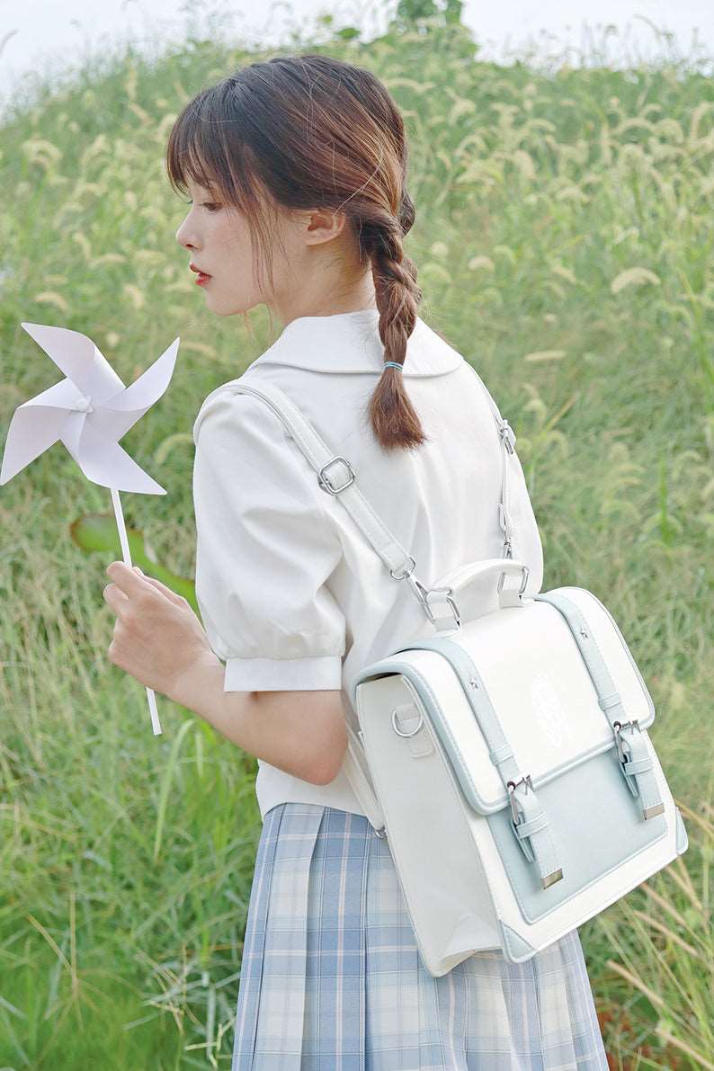 Classic Retro Vintage College Leather Hourglass Embroidery Shoulder Student Briefcase Bag - Image 3