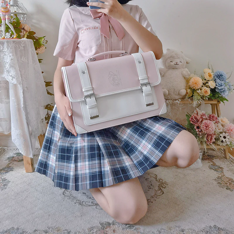 Classic Retro Vintage College Leather Hourglass Embroidery Shoulder Student Briefcase Bag - Image 7