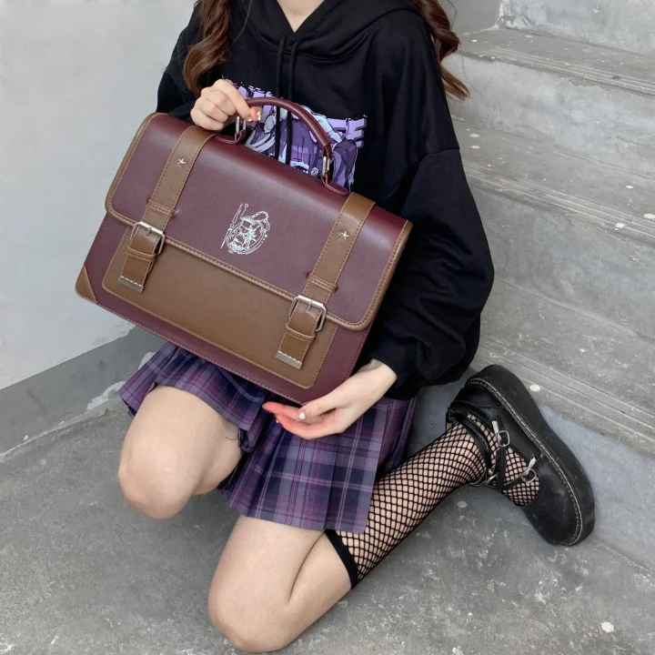 Classic Retro Vintage College Leather Hourglass Embroidery Shoulder Student Briefcase Bag - Image 9