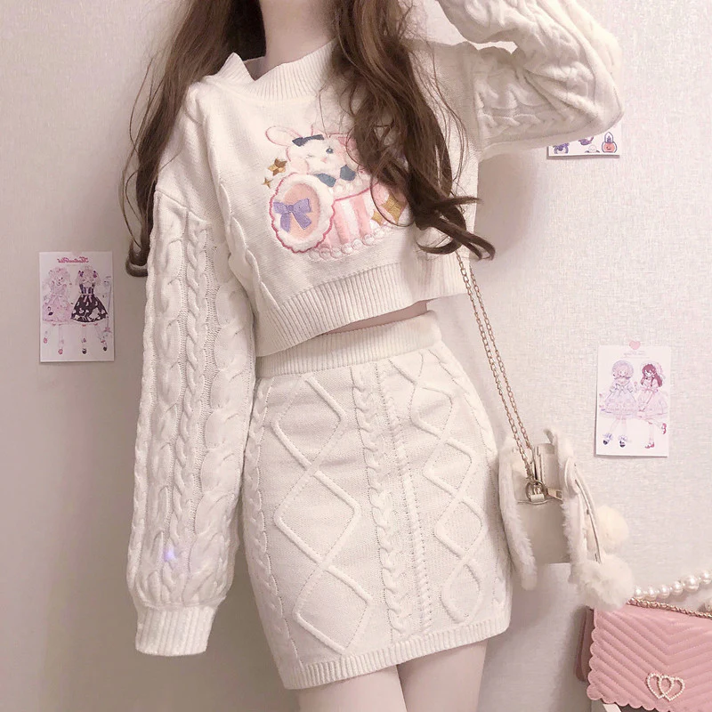 White Bunny Rabbit Embroidery Knit Sweater Skirt Two Piece Set - Image 3