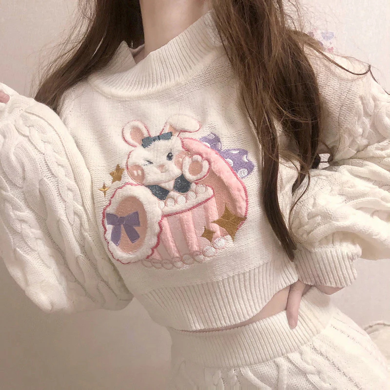 White Bunny Rabbit Embroidery Knit Sweater Skirt Two Piece Set - Image 4
