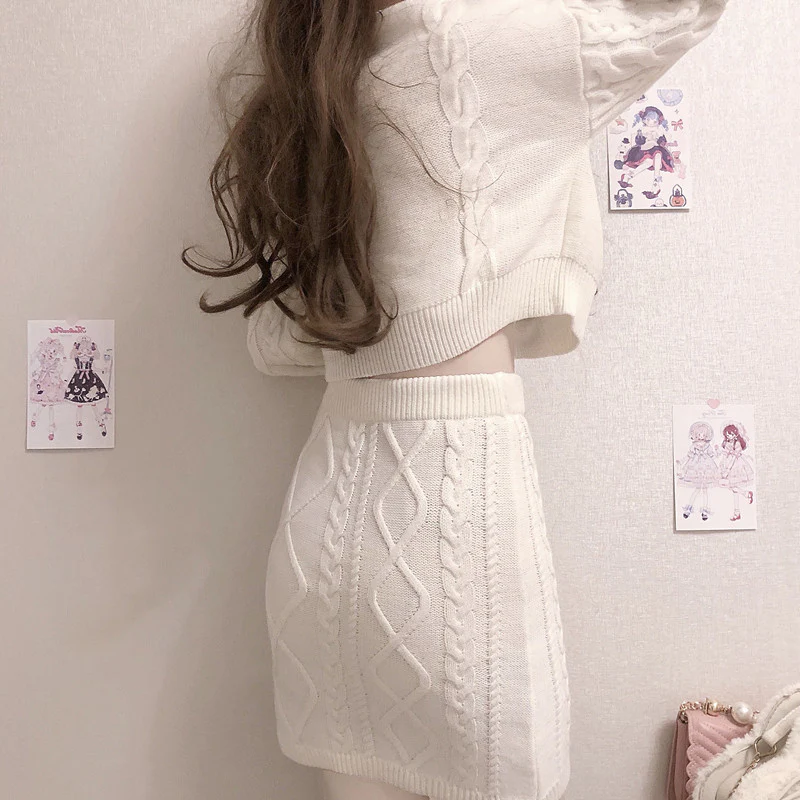 White Bunny Rabbit Embroidery Knit Sweater Skirt Two Piece Set - Image 5