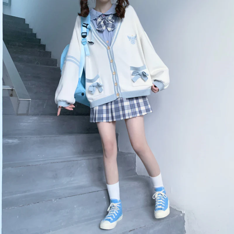 Angel Star Blue Pink Bow Stripe White Sweater Cardigan - Image 3