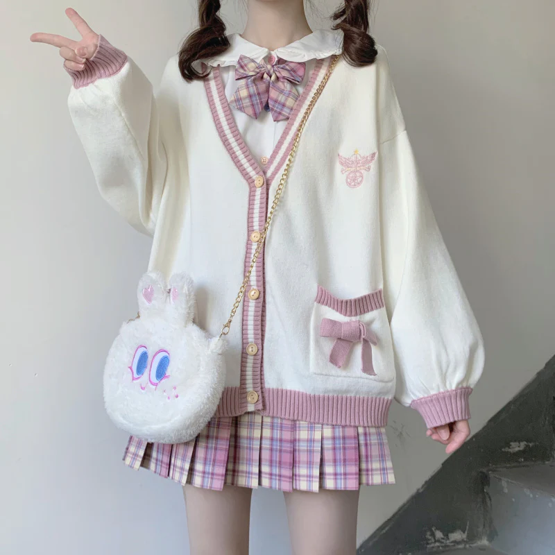 Angel Star Blue Pink Bow Stripe White Sweater Cardigan - Image 4