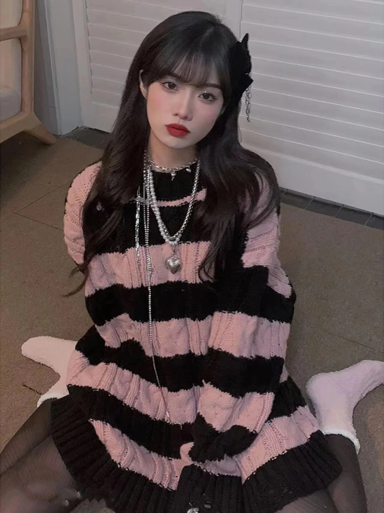 Ripped Knit Pink Black Striped Sweater - Image 4