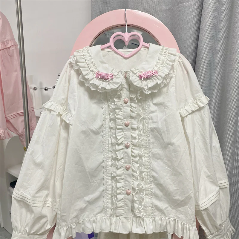 Doll Collar Elegant Lace Pink White Long Sleeve T Shirt Blouse Top - Image 3