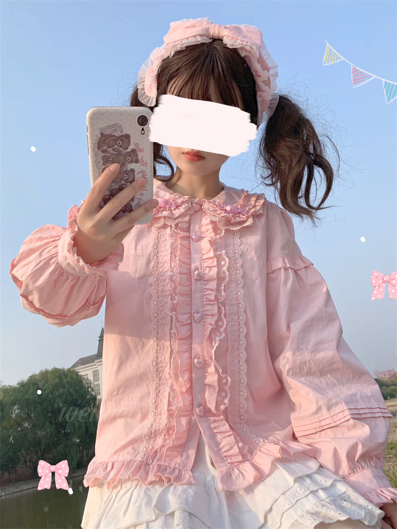Doll Collar Elegant Lace Pink White Long Sleeve T Shirt Blouse Top - Image 4
