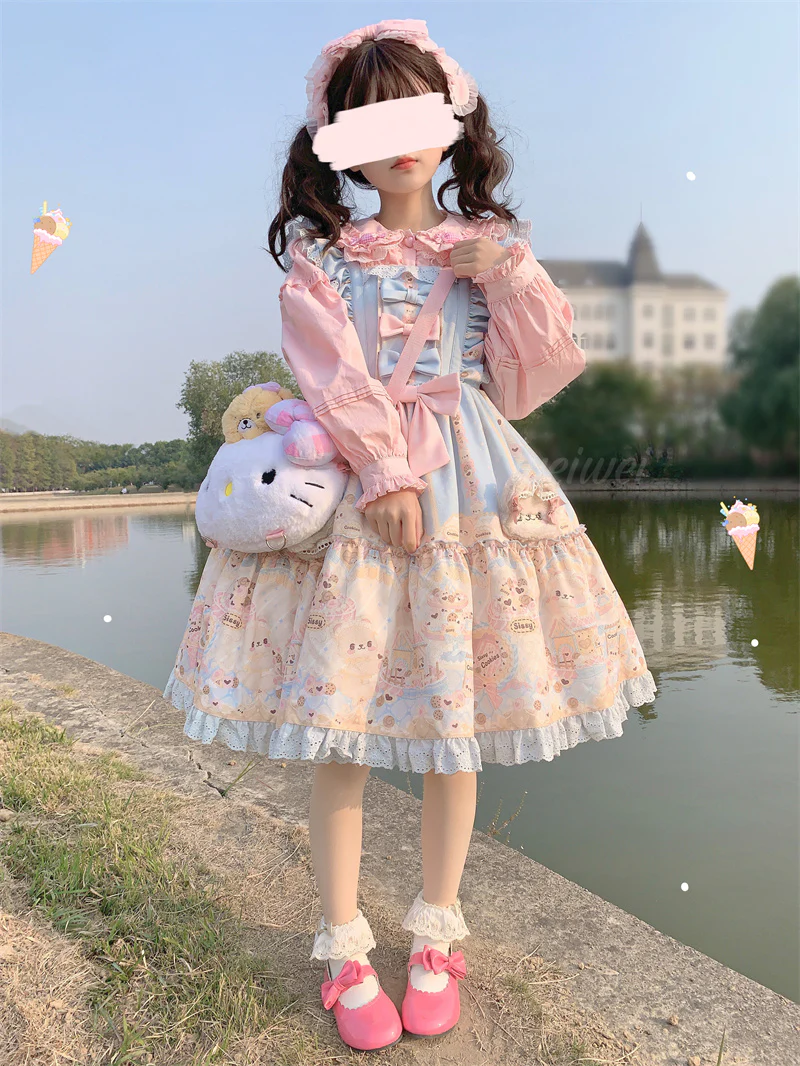Doll Collar Elegant Lace Pink White Long Sleeve T Shirt Blouse Top - Image 5