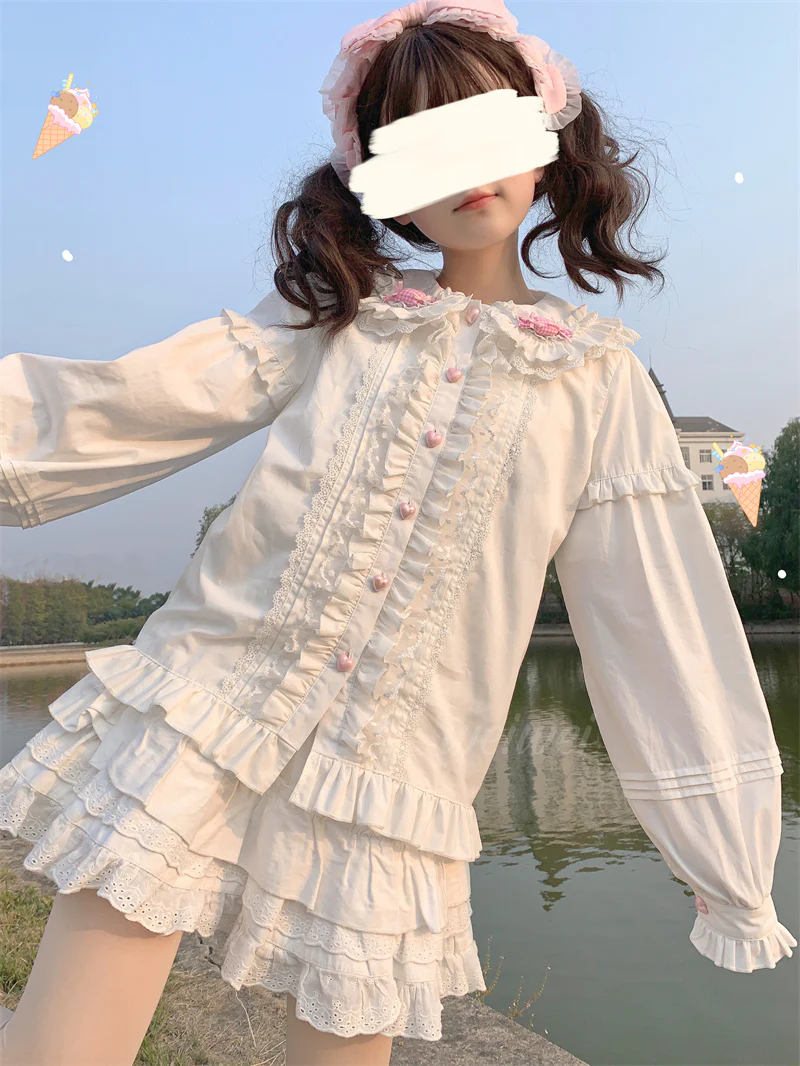 Doll Collar Elegant Lace Pink White Long Sleeve T Shirt Blouse Top - Image 9