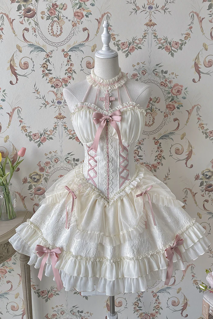 White Pink Sweet Fairycore Princess Halter Neck Suspender Corset Bow Ribbon Dress - Image 2