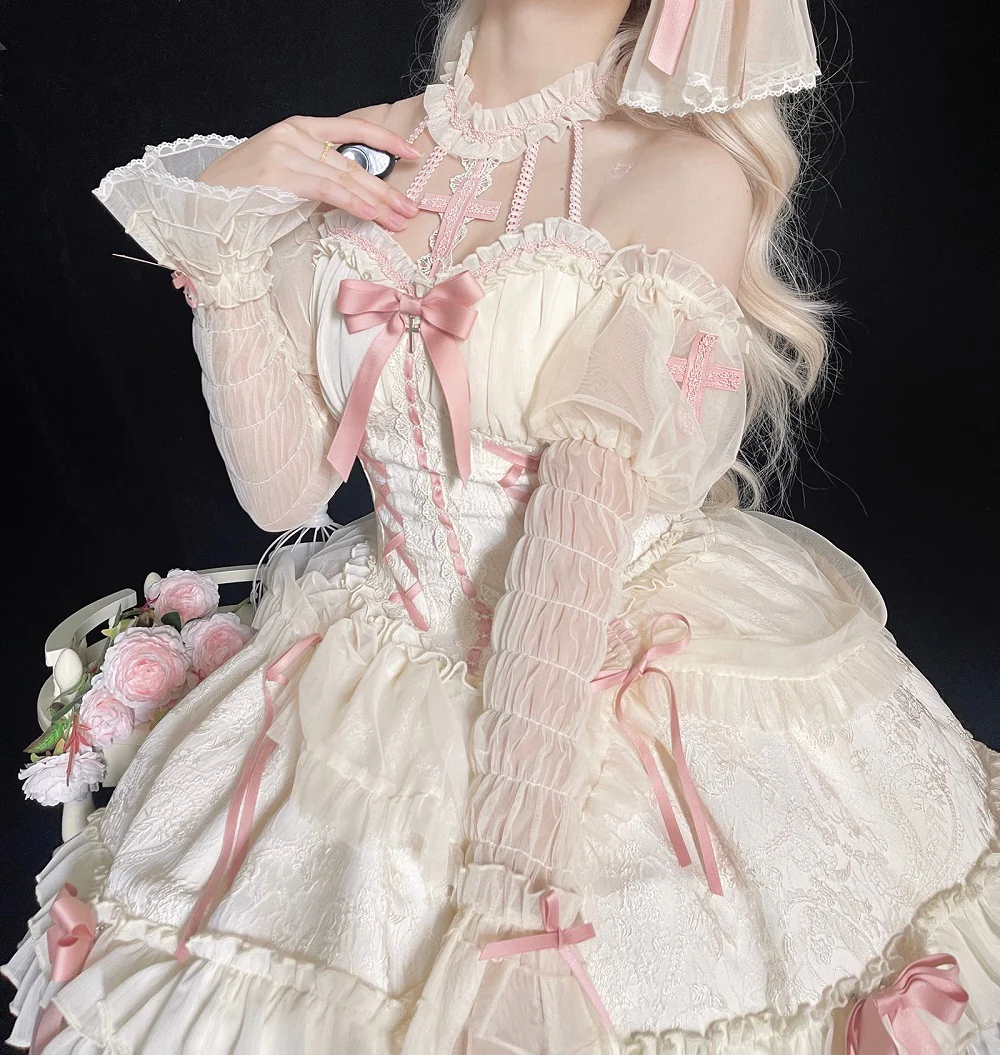 White Pink Sweet Fairycore Princess Halter Neck Suspender Corset Bow Ribbon Dress - Image 3