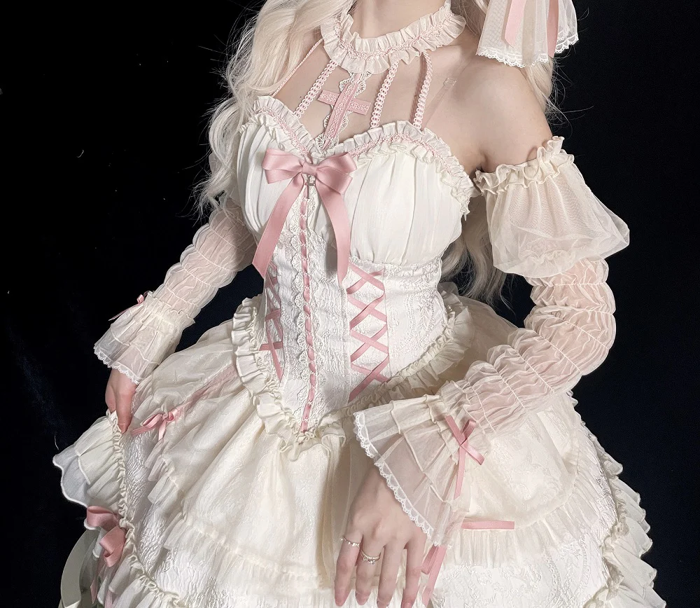 White Pink Sweet Fairycore Princess Halter Neck Suspender Corset Bow Ribbon Dress - Image 4