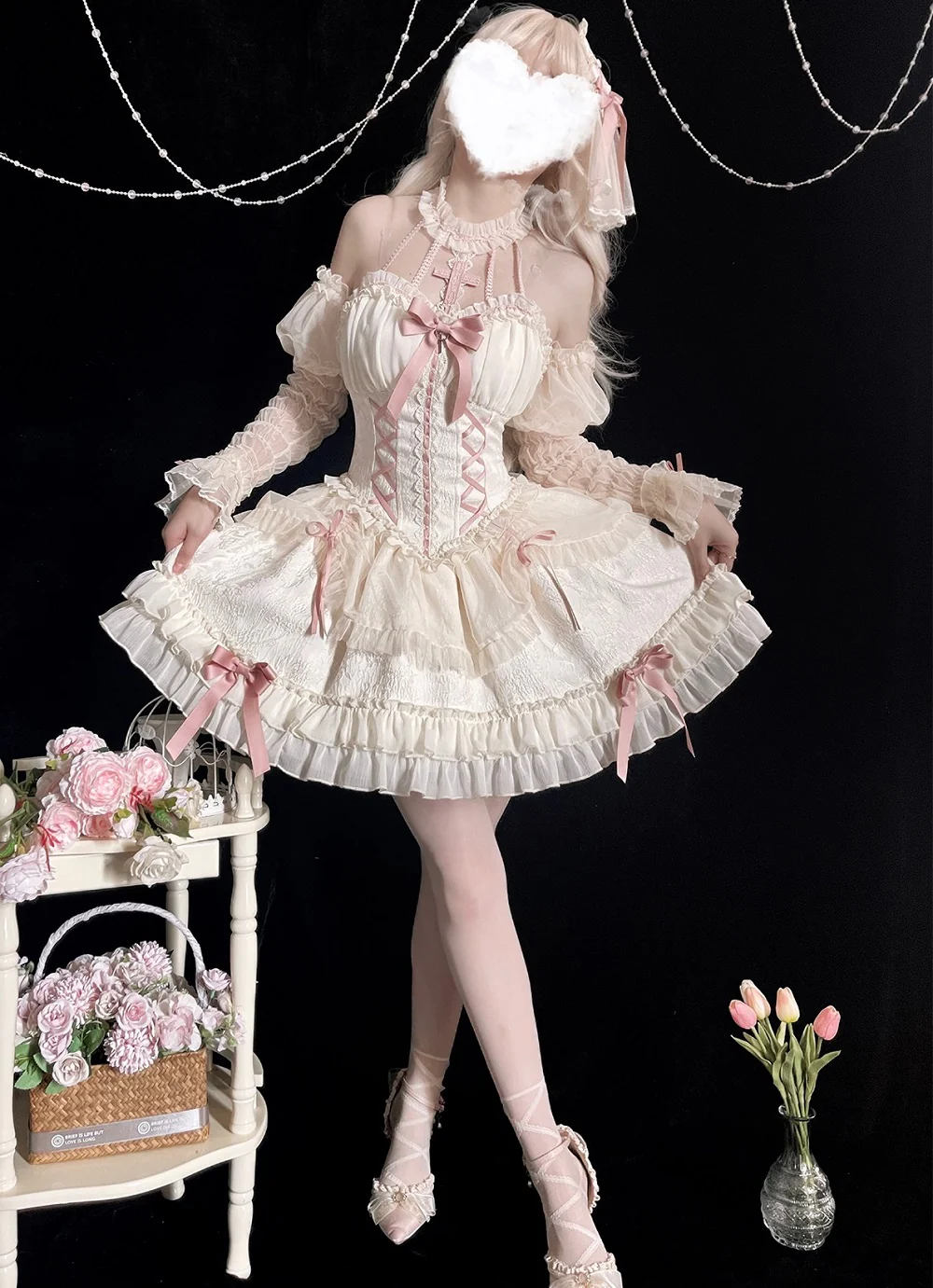 White Pink Sweet Fairycore Princess Halter Neck Suspender Corset Bow Ribbon Dress - Image 6
