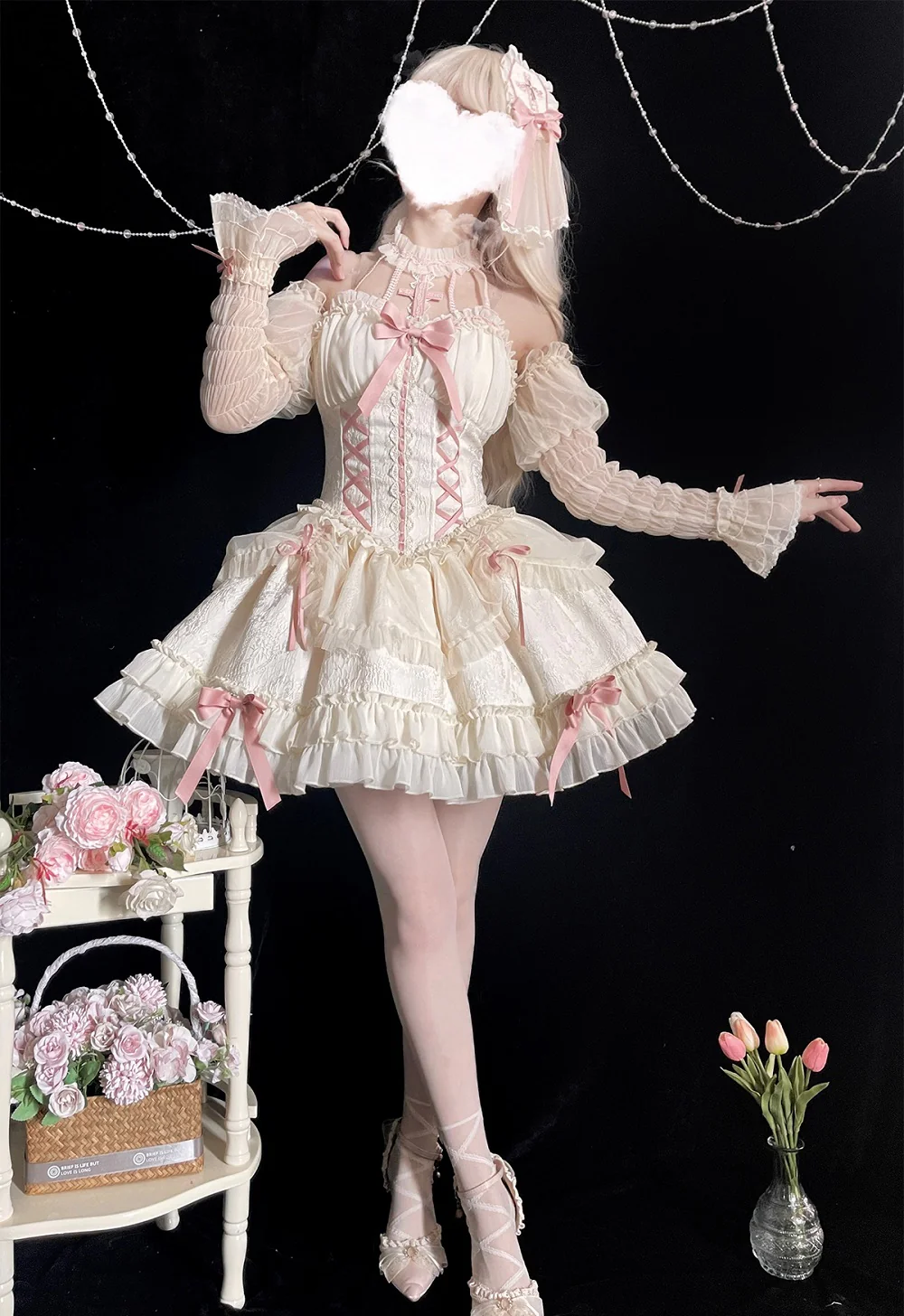 White Pink Sweet Fairycore Princess Halter Neck Suspender Corset Bow Ribbon Dress - Image 7