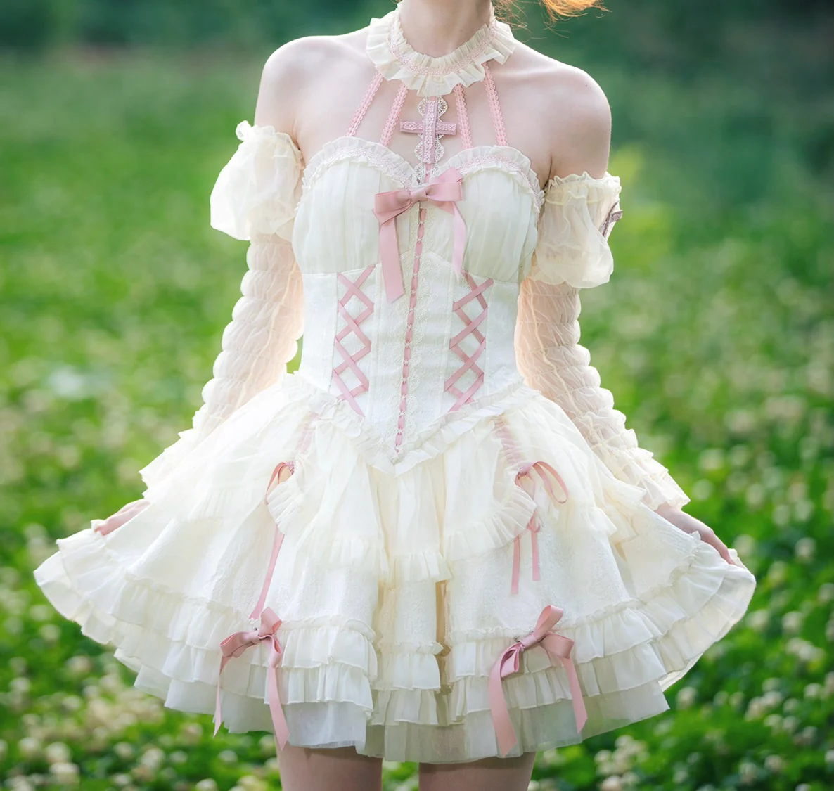 White Pink Sweet Fairycore Princess Halter Neck Suspender Corset Bow Ribbon Dress - Image 9
