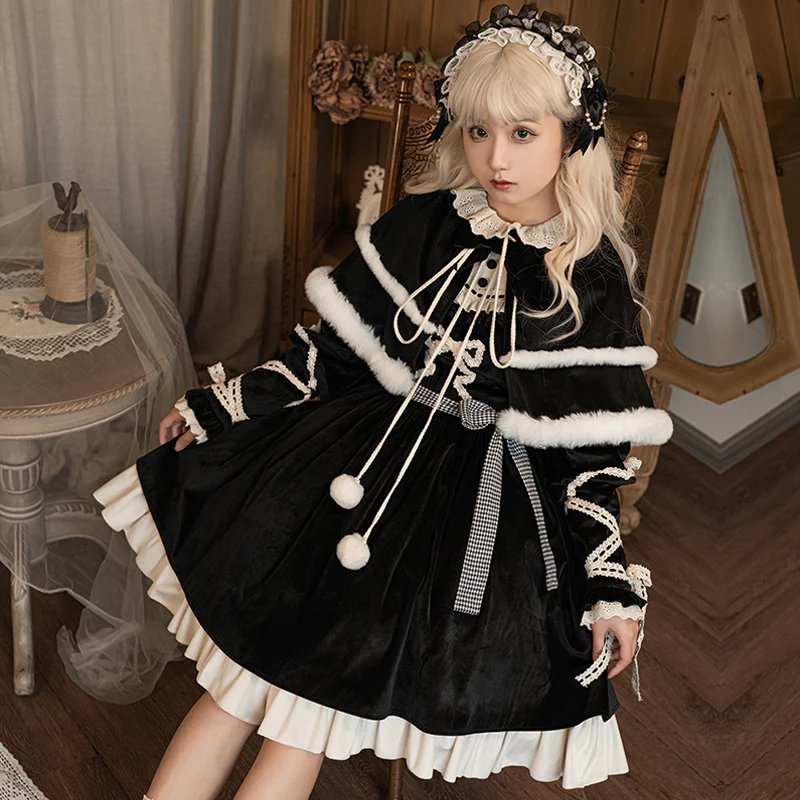 Universal Lolita Gothic Winter Ribbon Black Dress Cloak Two Piece Set