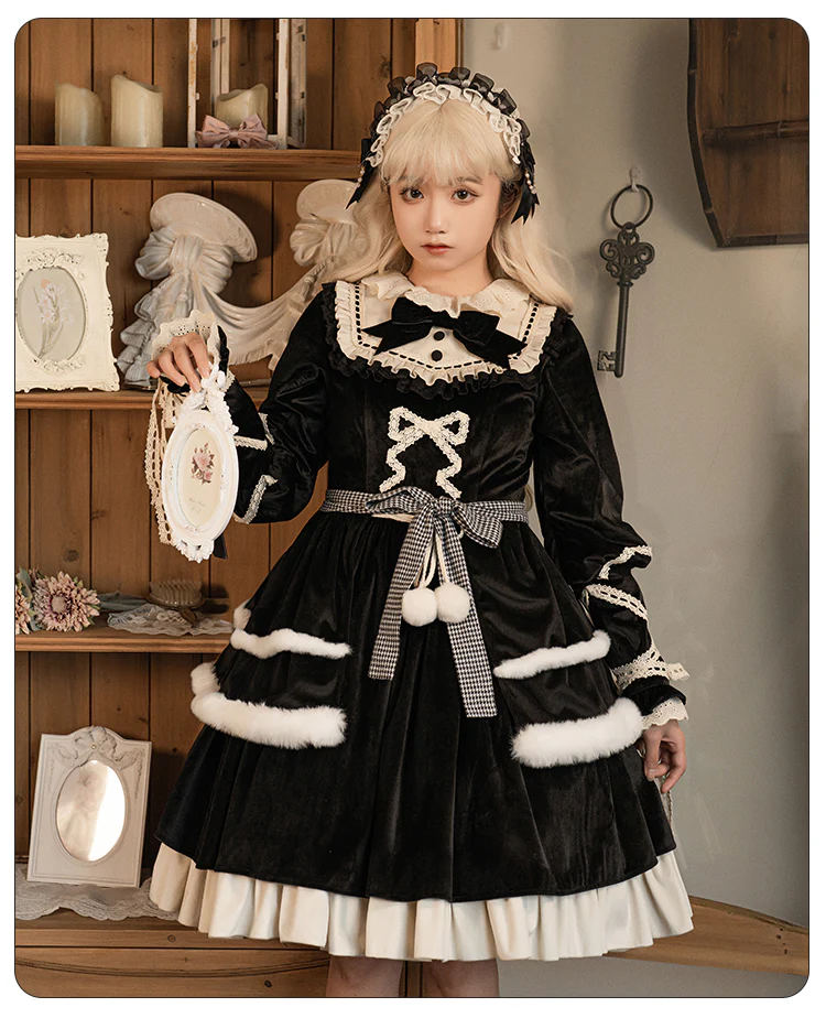 Universal Lolita Gothic Winter Ribbon Black Dress Cloak Two Piece Set - Image 2