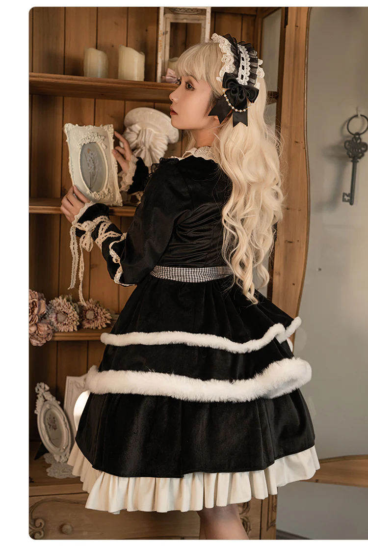 Universal Lolita Gothic Winter Ribbon Black Dress Cloak Two Piece Set - Image 3