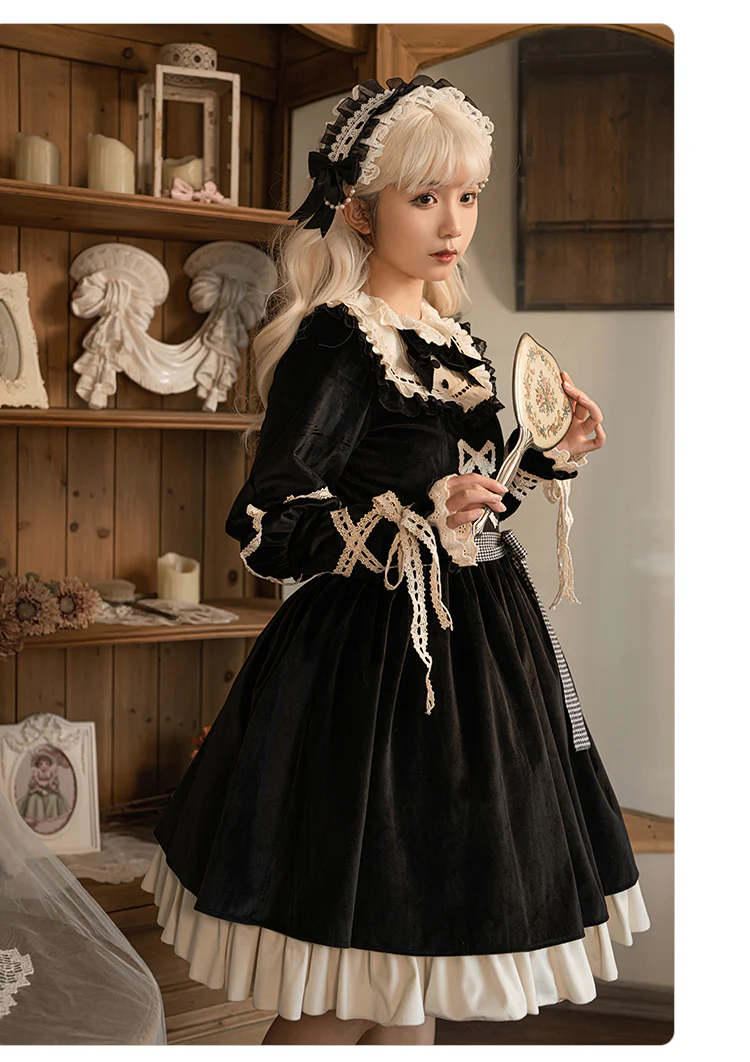 Universal Lolita Gothic Winter Ribbon Black Dress Cloak Two Piece Set - Image 4