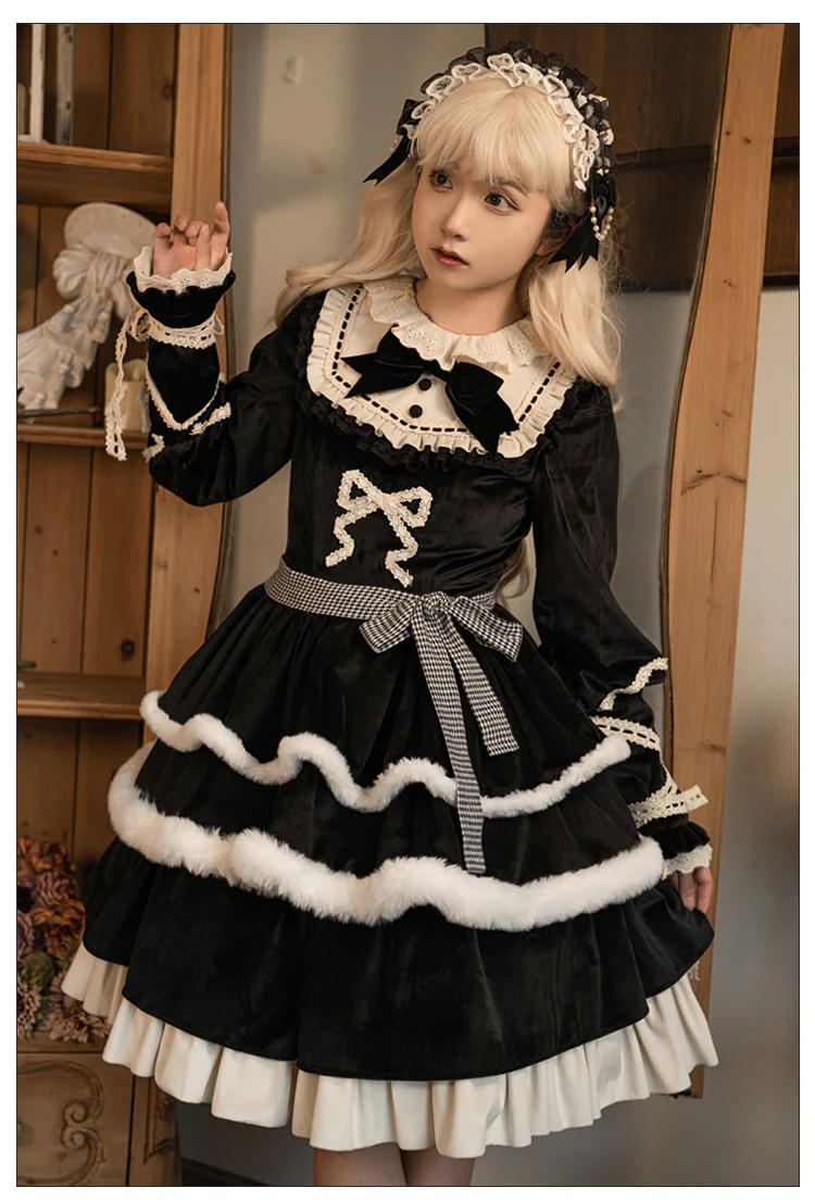 Universal Lolita Gothic Winter Ribbon Black Dress Cloak Two Piece Set - Image 8