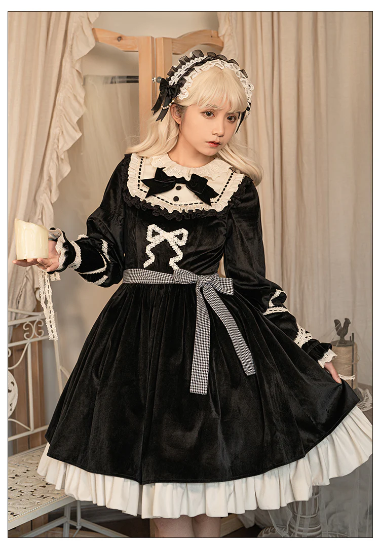 Universal Lolita Gothic Winter Ribbon Black Dress Cloak Two Piece Set - Image 9