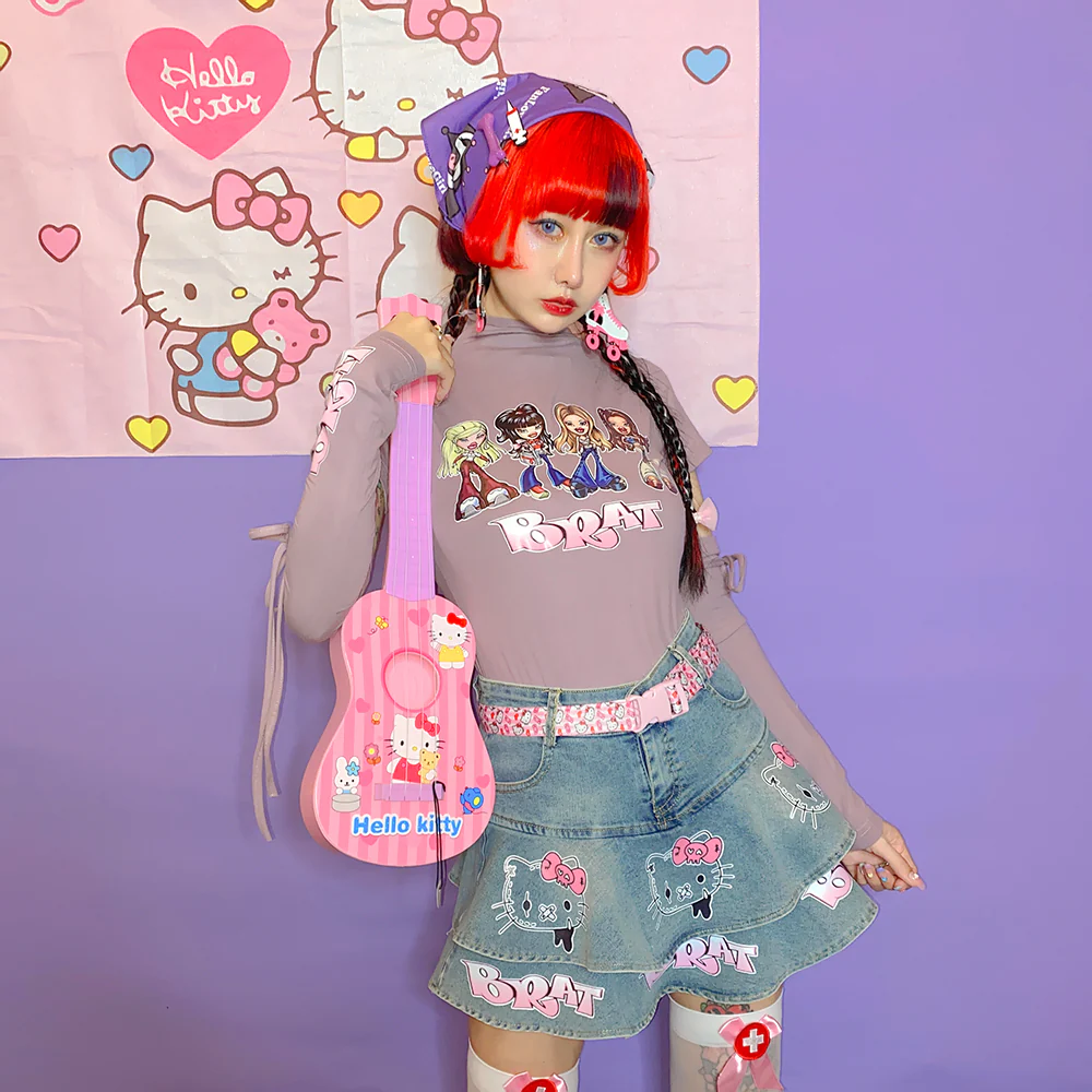 Kitty Cat Pink Street Hiphop Style Y2K Hot Girl Short Denim Cake Skirt - Image 6
