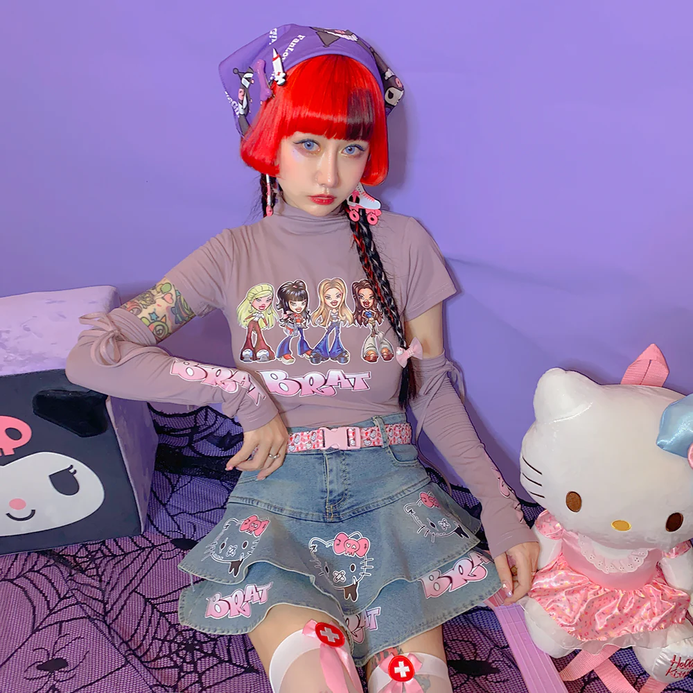 Kitty Cat Pink Street Hiphop Style Y2K Hot Girl Short Denim Cake Skirt - Image 8