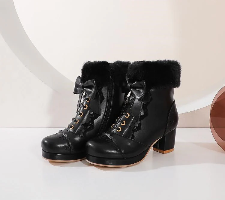 Sweet Princess Bow Decorated Fur Winter High Heels Boots - Image 7