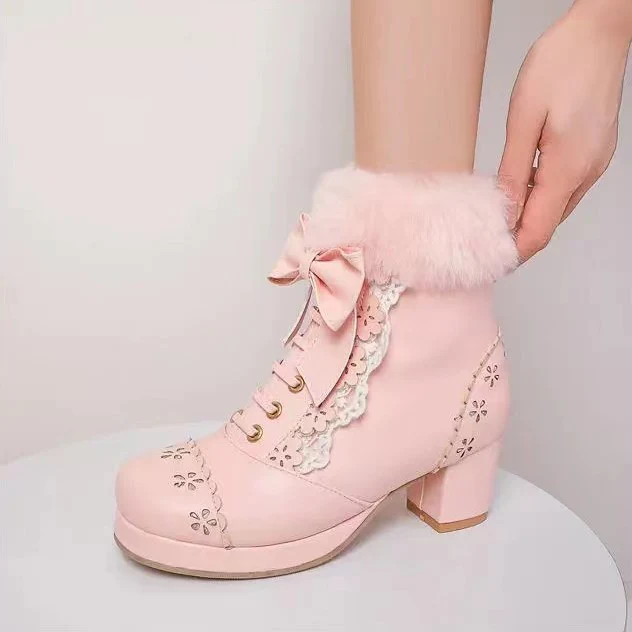 Sweet Princess Bow Decorated Fur Winter High Heels Boots - Image 8