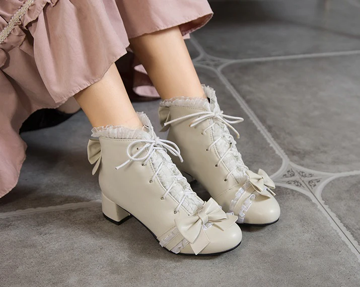 Sweet Princess Fairy Girl Bow Lace White Cream Pink High Heels Boots - Image 3