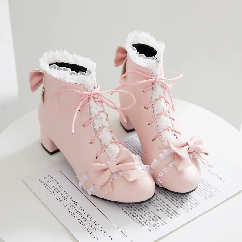 Sweet Princess Fairy Girl Bow Lace White Cream Pink High Heels Boots - Image 4