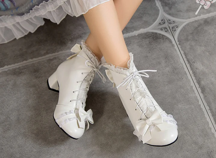 Sweet Princess Fairy Girl Bow Lace White Cream Pink High Heels Boots - Image 6