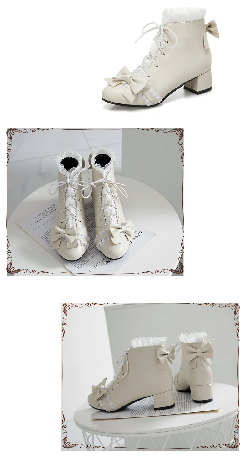 Sweet Princess Fairy Girl Bow Lace White Cream Pink High Heels Boots - Image 7